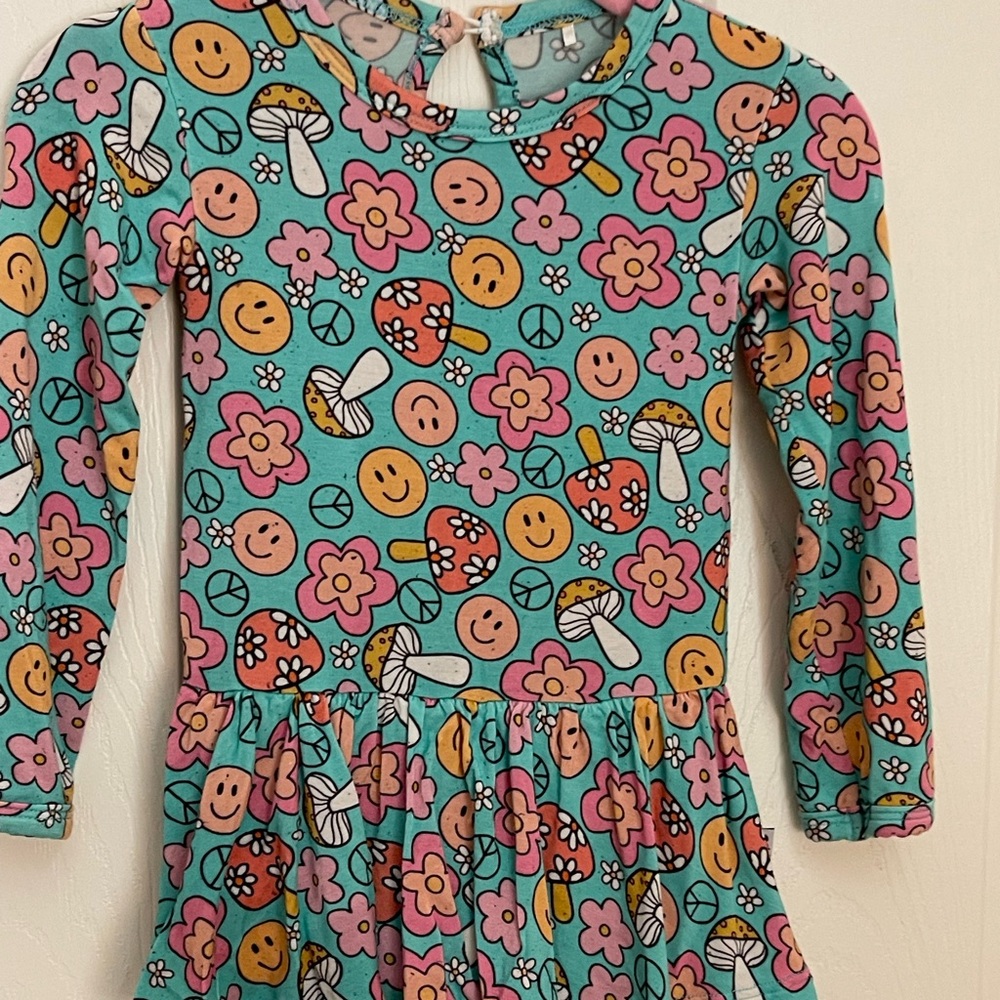 Bums and Roses 6 to 12 months, one piece long sleeve dress with snap crotch.